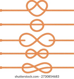 Collection of different nautical rope knots and loops a white background marine