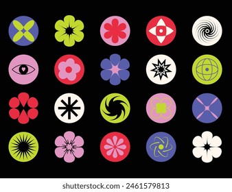 Collection of different neon color patches, labels, icons, round stickers, badges rave y2k groovy funky design elements with various abstract geometric shapes set in cartoon trendy style