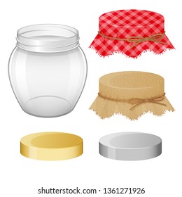 Collection of different objects. glass jar with lids. Realistic style. objects isolated. Vector illustration.
