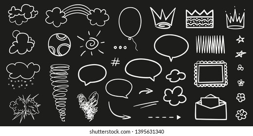 Collection of different objects on black. Hand drawn abstract symbols. Line art. Black and white illustration. Sketchy elements