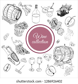 Collection of different objects of wine product isolated on white background. Hand drawn monochrome sketch. Vector illustration.