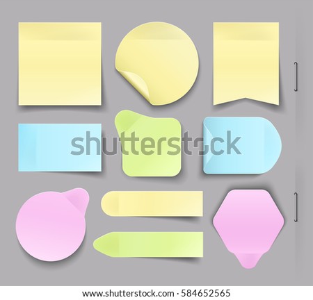 Collection of different office paper stickers with shadow isolated on a gray background. 