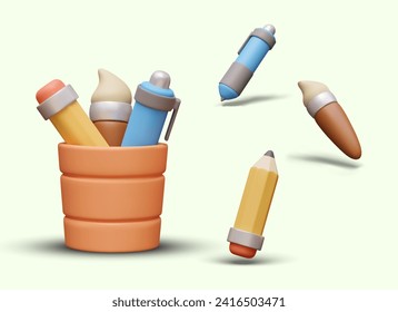Collection of different office supplies. Big orange cup with yellow pencil, brush, and pen