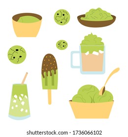 Collection of different options matcha food  chocolate ice cream, cooling latte, delicious cookies. A set of cartoon items. Vector hand-drawn illustration isolated on a white background.
