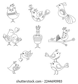 Collection of different outline of cartoon birds. Vector