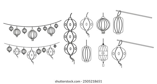 Collection of different outline chinese lanterns flat style