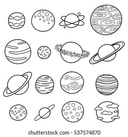 Collection of different outline doodle fantastic space planets isolated on white background.