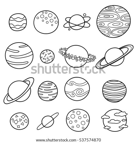 Collection of different outline doodle fantastic space planets isolated on white background.