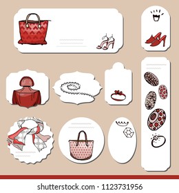 Collection with different paper labels for  announcements. Fashion, bags, jewels