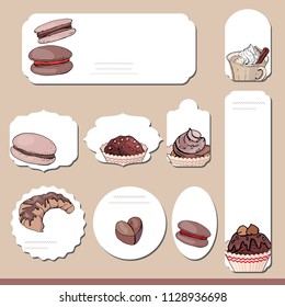 Collection with different paper labels for  announcements. Sweet deserts, candies and cupcakes