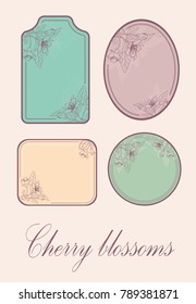 Collection with different paper labels for your design with cherry flowers. For greeting cards wedding invitations and others. Cherry blossoms, close-up. Spring cards.Vector Illustration .Eps 10.