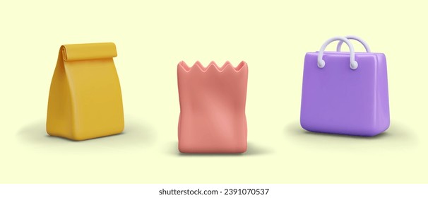 Collection with different paper packages for food. Closed yellow bag for bread. Open package with jagged edges for croissant, bag with handles for shopping. Vector illustration in 3d style