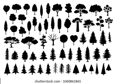 collection of different park, forest, conifer cartoon trees silhouettes in black color set