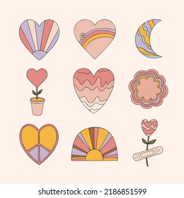 Collection of different pastel color groovy elements. Hippie retro vintage clipart in 70s-80s style. Vector illustrations hippie style isolated on a background. Pastel color pink, yellow, lilac.