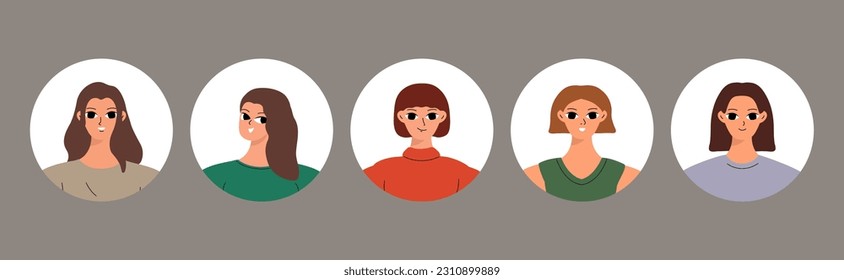 Collection of different people avatars. Round icons with various smiling women. Modern vector illustration
