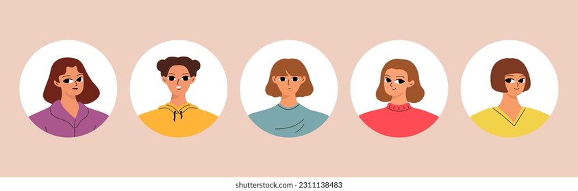 Collection of different people avatars. Round icons with various smiling women. Modern vector illustration
