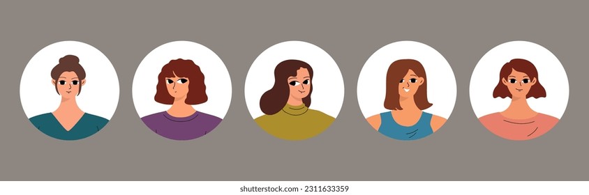 Colección de avatares de diferentes personas. Iconos redondos con varias mujeres sonrientes. Ilustración vectorial moderna
