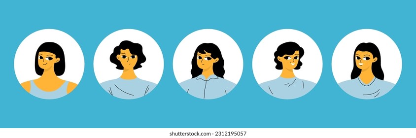 Collection of different people avatars. Round icons with various smiling women. Modern vector illustration
