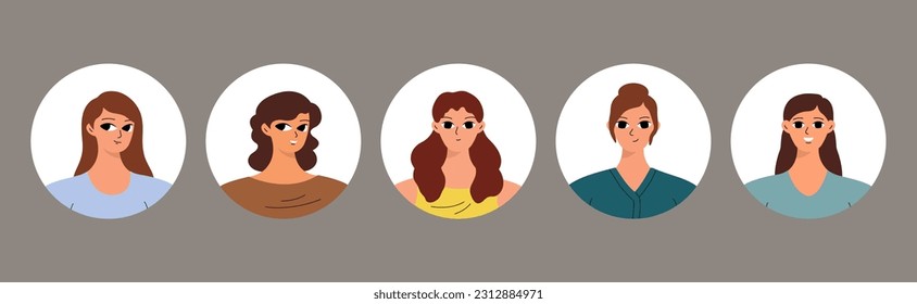 Colección de avatares de diferentes personas. Iconos redondos con varias mujeres sonrientes. Ilustración vectorial moderna
