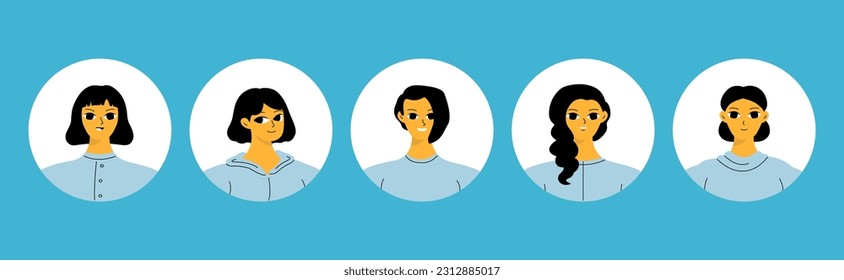 Collection of different people avatars. Round icons with various smiling women. Modern vector illustration
