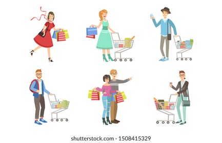 Collection of Different People Carrying Shopping Bags with Purchases and Pushing Carts Full of Groceries Vector Illustration