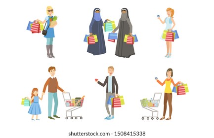 Collection of Different People Carrying Shopping Bags with Purchases, Men and Women Taking Part in Seasonal Sale at Mall, Store or Shop Vector Illustration