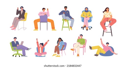 A collection of different people, different chairs, different poses. flat design style vector illustration.