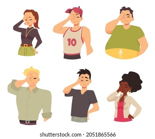 Collection of different people feeling ashamed and confused and showing feeling with facepalm gesture, flat vector illustration isolated on white background.