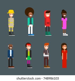 Collection of different people - fireman, pop star, celebrity, politician, punk girl, boy with broken arm. Set of men and women dressed in various clothing. Cartoon characters. Vector illustration.