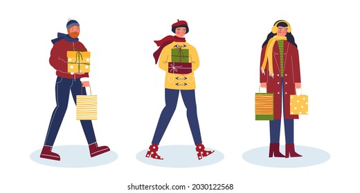Collection of different people with New Year's gifts. Vector illustration in cartoon style.