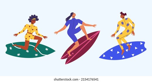 Collection of different people on the surf. Active recreation and sports. Vector illustration.