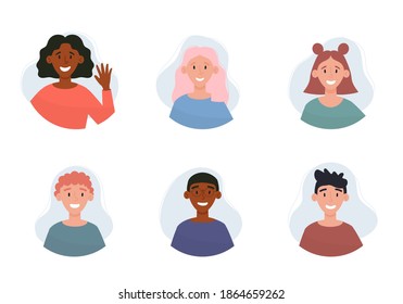 Collection of different people portraits with ethnicity diverse. Vector illustration of man and woman faces at round frame. Male and female young characters avatars