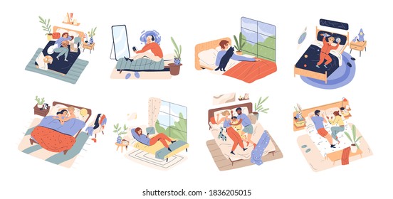 Collection of different people relax in cozy bedroom. Women, men and children lying, playing, sleeping, cuddling, reading in bed. Rest at home. Flat vector cartoon illustration isolated on white