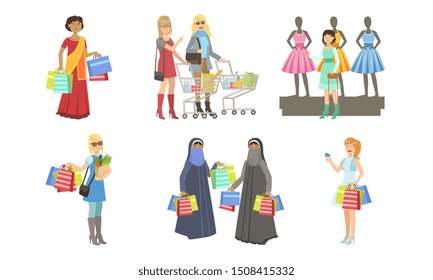 Collection of Different People Shopping Bags and Carts, Women Taking Part in Seasonal Sale at Mall, Store or Shop Vector Illustration