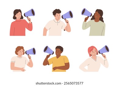 Collection of different people shouting through megaphone. Illustrations for websites, landing pages, mobile apps, posters and banners. Trendy flat vector illustrations