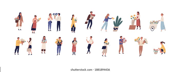 Collection of different people walking on the street with flowers and potted plants vector flat illustration. Set of man and woman holding romantic bouquet, florists caring of plants outdoors