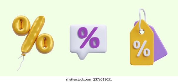 Collection of different percentage icons for supermarket. Gold balloon percent, icon in purple and white color and label with discount. Vector illustration with yellow background