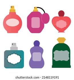 Collection of different perfume and adekalon icons in a flat style isolated on white background.