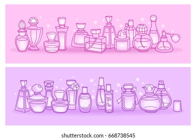 Collection of different perfume bottle with magical glow on the shelf. Pink and lilac background. Vector silhouettes.