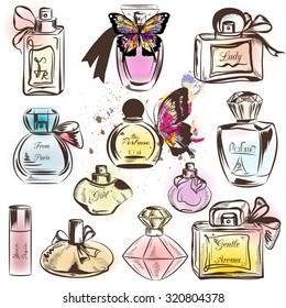 Collection of different perfumes. Elegant vector illustration