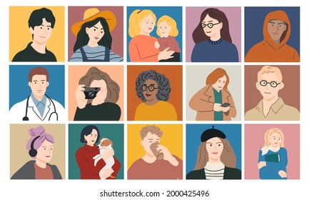 Kollektion verschiedener Personenporträts. Reihe von verschiedenen multikulturellen Menschen Avatare, Benutzerporträts. Vektorgrafik im flachen Cartoon-Stil. Alle Elemente sind einzeln auf weißem Hintergrund.
