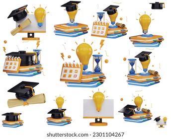A collection of different pictures including a light bulb and a clock educational icon set