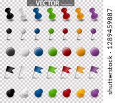 collection of different pin needle office supplies in various colors with vector transparency