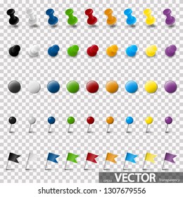 collection of different pin needle office supplies in various colors with vector transparency