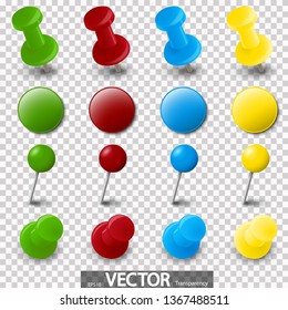 collection of different pin needle office supplies in various colors with vector transparency
