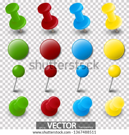 collection of different pin needle office supplies in various colors with vector transparency