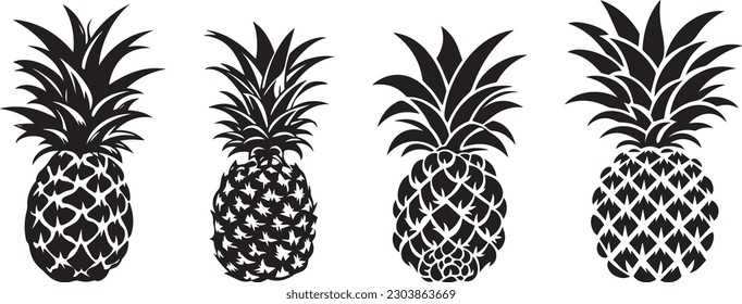 collection of different pineapple,  tropical fruits variation isolated on white background