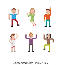 Collection of different pixel art style dancing people