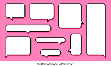 Collection different pixel texting dialogue boxes or speech bubble isolated on pink background.