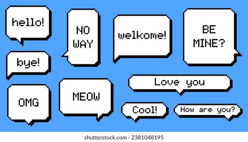 Collection different pixel texting dialogue boxes or speech bubble with phrases isolated on blue background.